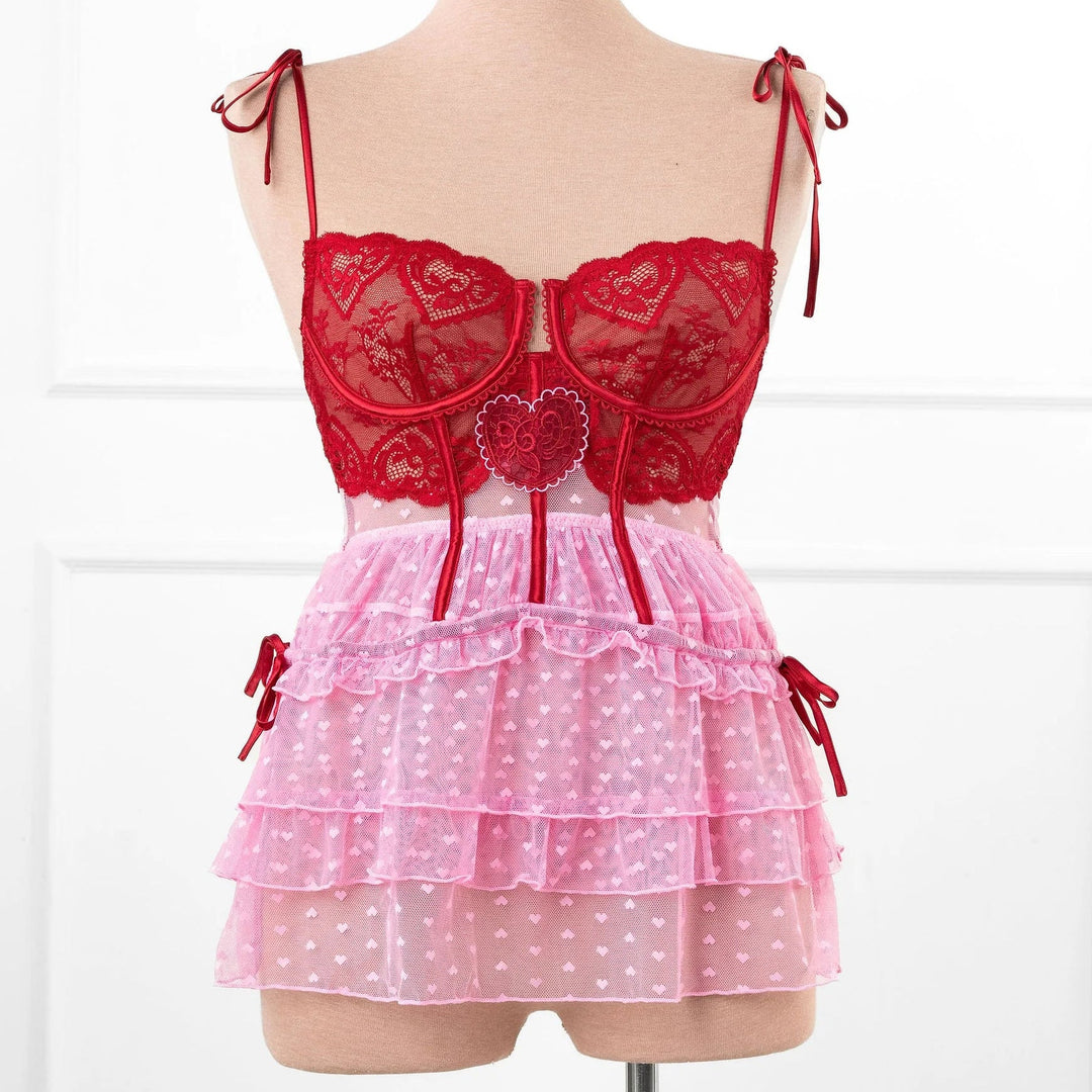 Lacy Underwire Rouched Babydoll - Red