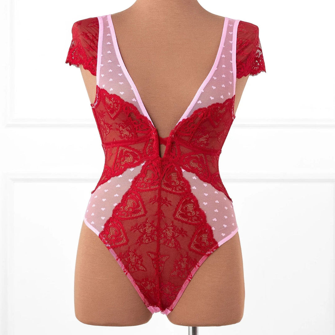Lace & Mesh High Leg Teddy - Red