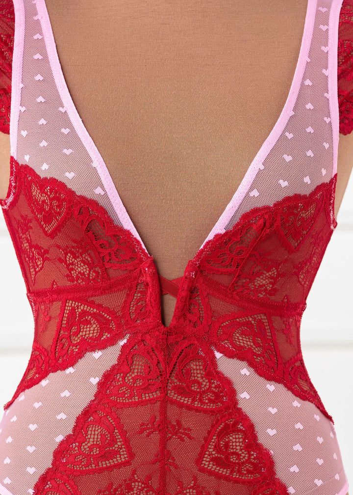 Lace & Mesh High Leg Teddy - Red