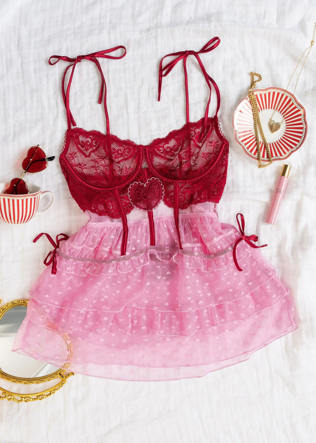 Women's Lacy Underwire Ruched Babydoll In Red | SIze: 2X by Mentionables Women's Lacy Underwire Ruched Babydoll In Red | SIze: 2X by Mentionables