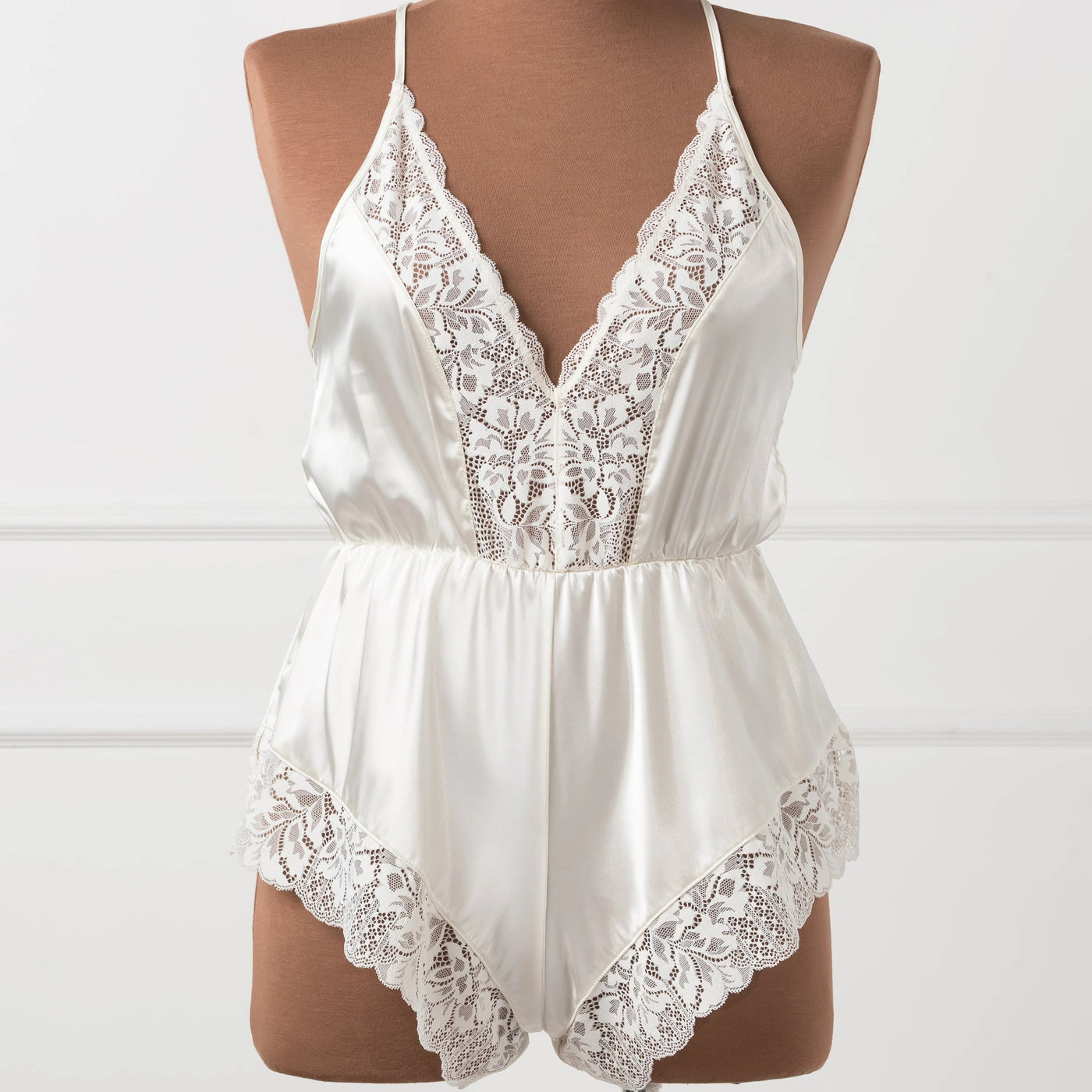 Lacy Plunge Satin Romper - Pearl