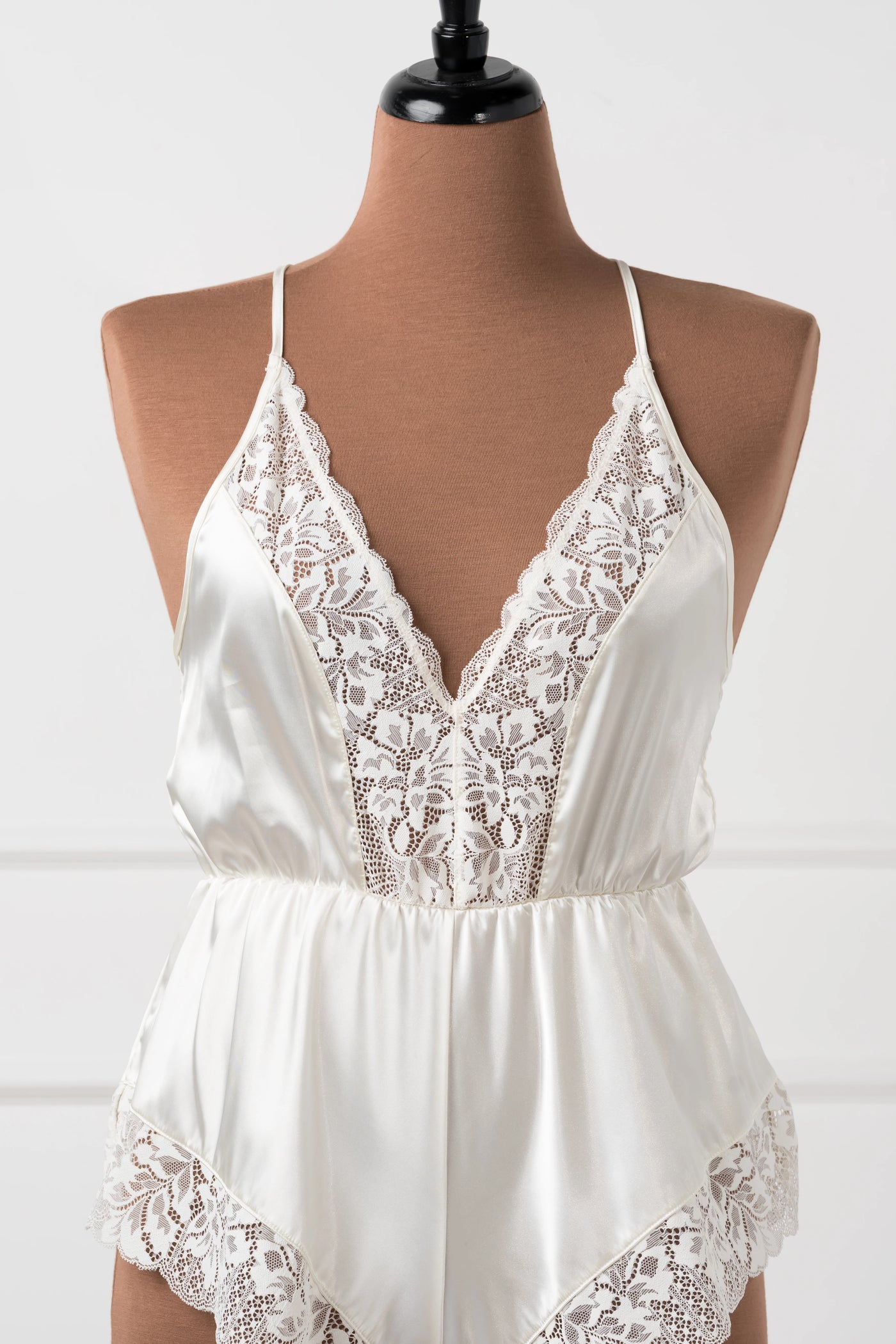 Lacy Plunge Satin Romper - Pearl