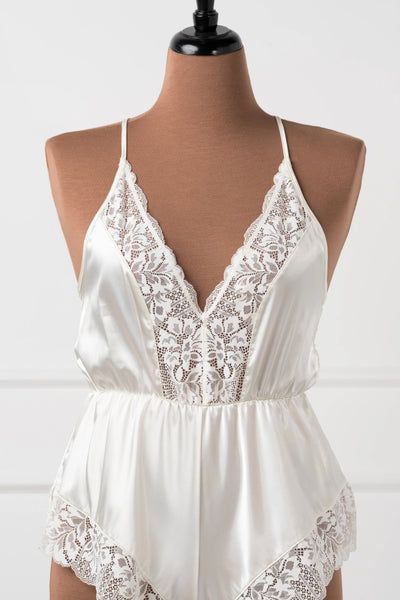 Lacy Plunge Satin Romper - Pearl