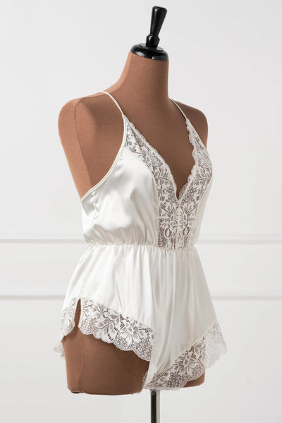 Lacy Plunge Satin Romper - Pearl