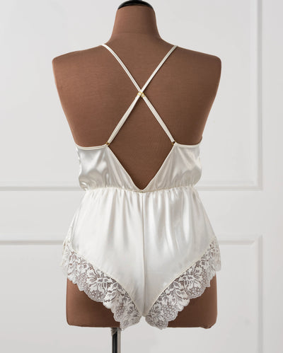 Bridal Bundle: Lacy Plunge Satin Romper - Pearl