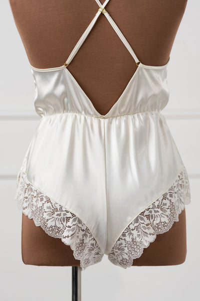 Lacy Plunge Satin Romper - Pearl