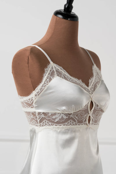 Satin & Eyelash Lace Slip - Pearl