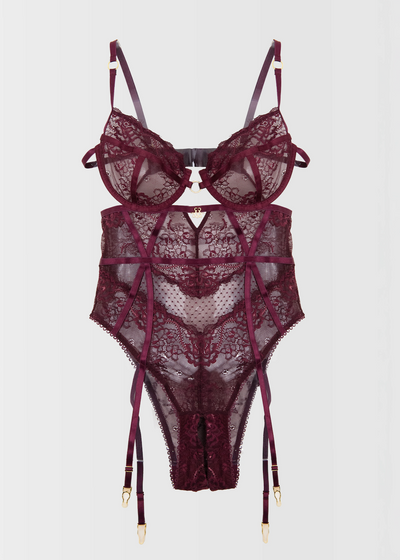 Eyelash Lace Crotchless Garter Teddy - Cherry Lacquer