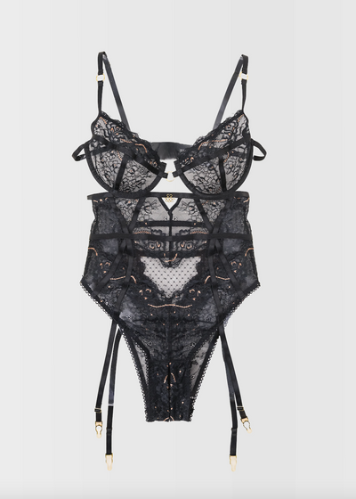 Eyelash Lace Crotchless Garter Teddy - Black