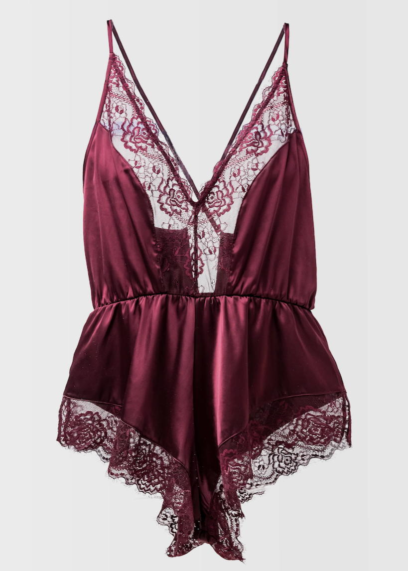 Lacy Plunge Satin Scalloped Romper - Cherry Lacquer