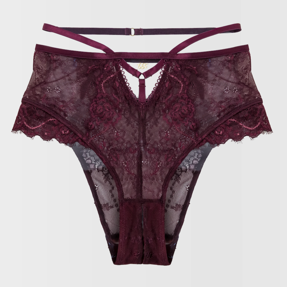 Strappy High Waist Crotchless Panty - Cherry Lacquer