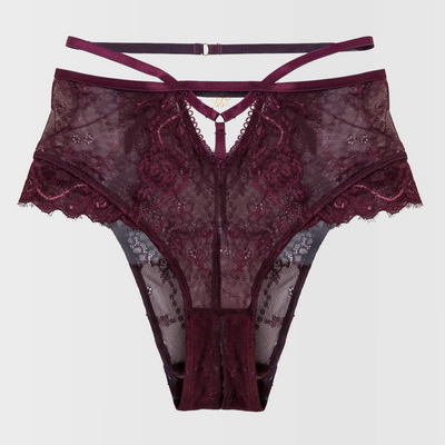 Strappy High Waist Crotchless Panty - Cherry Lacquer