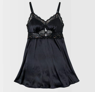 Satin & Eyelash Lace Two Toned Slip - Black
