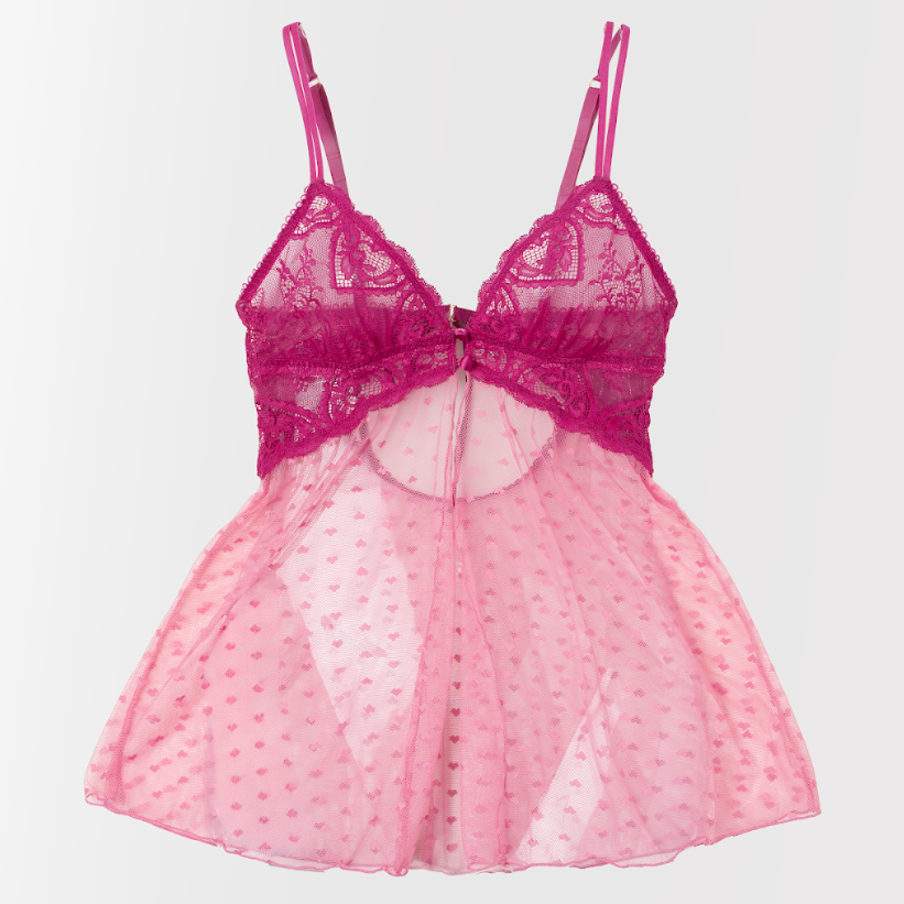 pink lace babydoll dress Women's Heart Lace & Mesh Button Babydoll In Pink