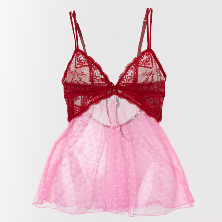 Women's Heart Lace & Mesh Button Babydoll in Red