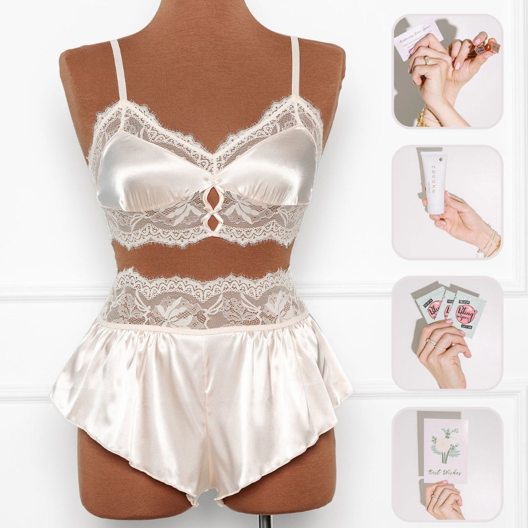 Bridal Bundle: Lacy Satin Keyhole Bralette Set - Champagne - Mentionables