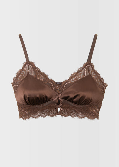 Lacy Satin Keyhole Bralette - Chocolate