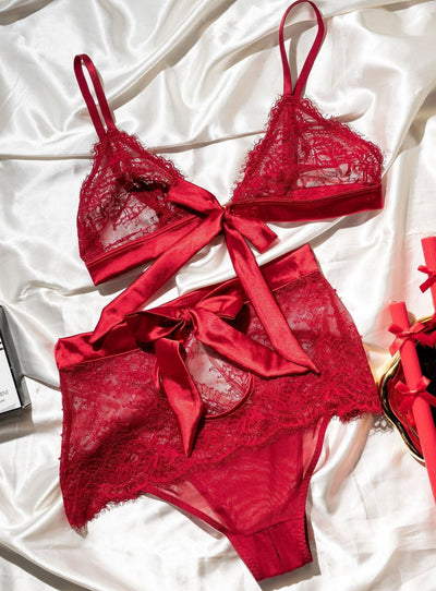 Eyelash Lace Bow Bralette - Red - Mentionables