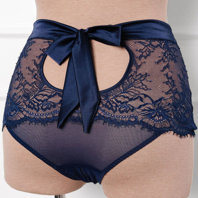Eyelash Lace Bow High Waist Crotchless Panty - Navy - Mentionables