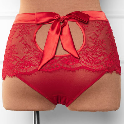 Eyelash Lace Bow High Waist Crotchless Panty - Red - Mentionables