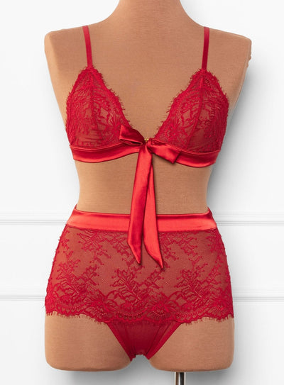 Eyelash Lace Bow High Waist Crotchless Panty - Red - Mentionables