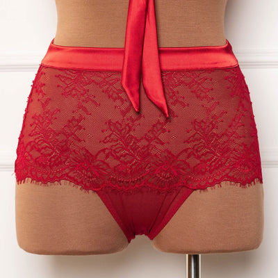 Eyelash Lace Bow High Waist Crotchless Panty - Red - Mentionables