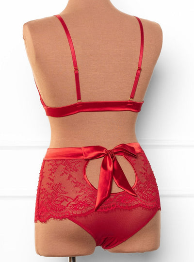 Eyelash Lace Bow High Waist Crotchless Panty - Red - Mentionables