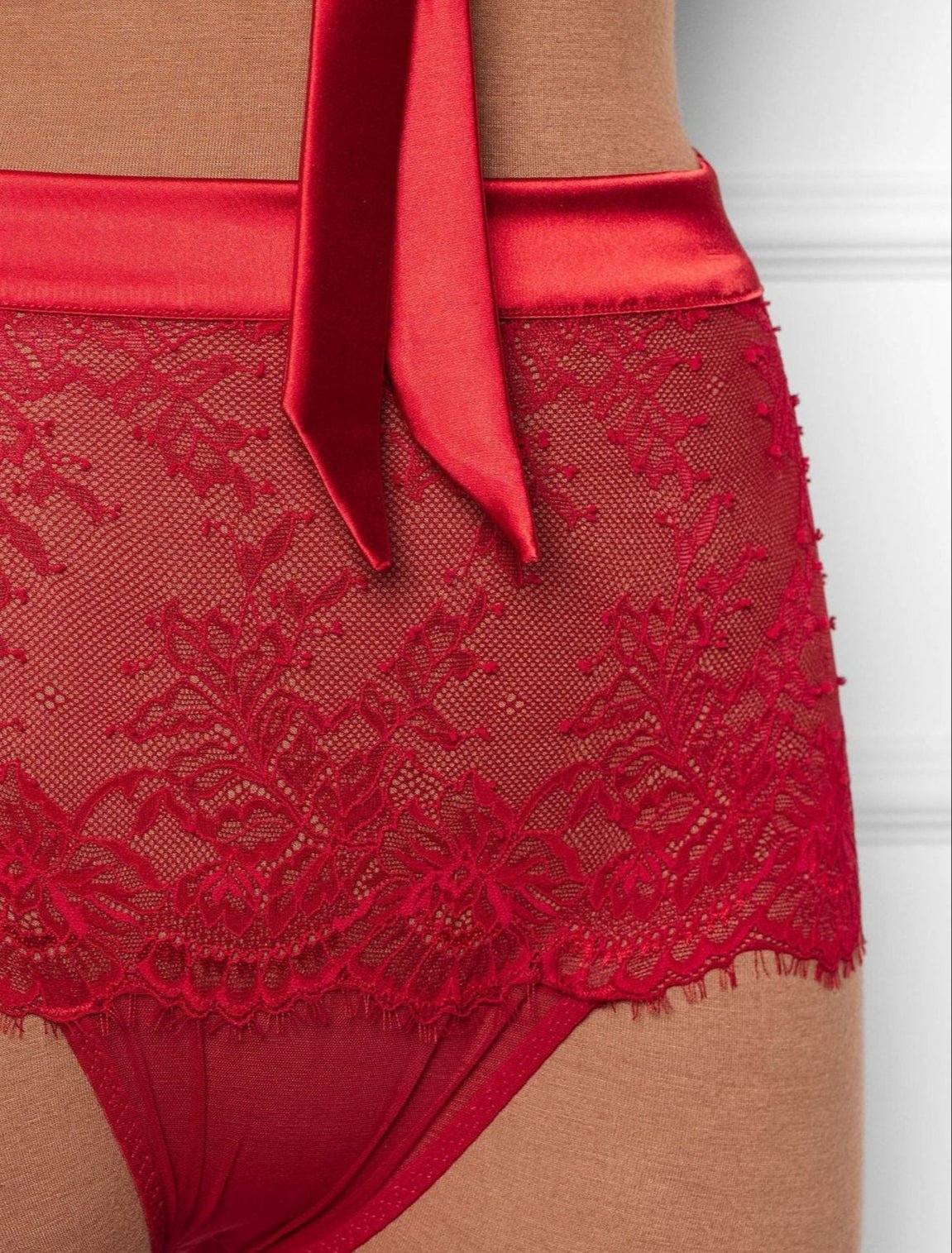 Eyelash Lace Bow High Waist Crotchless Panty - Red - Mentionables