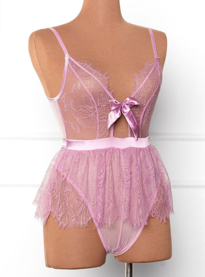 Eyelash Lace Crotchless Teddy - Lilac - Mentionables