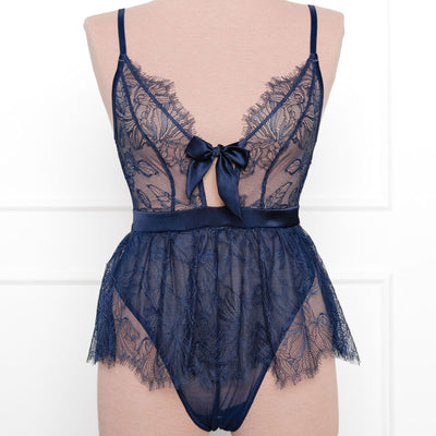 Eyelash Lace Crotchless Teddy - Navy - Mentionables