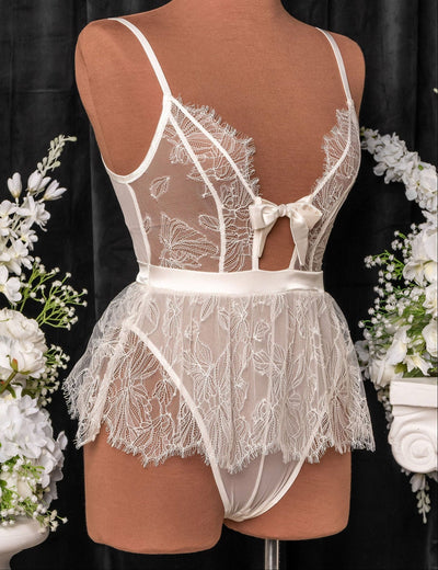 Eyelash Lace Crotchless Teddy - Pearl - Mentionables