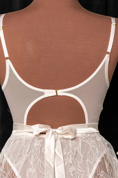 Eyelash Lace Crotchless Teddy - Pearl - Mentionables