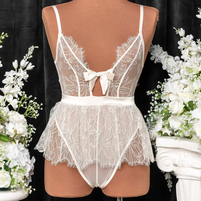 Eyelash Lace Crotchless Teddy - Pearl - Mentionables