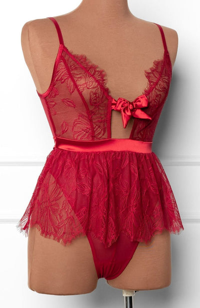 Eyelash Lace Crotchless Teddy - Red - Mentionables