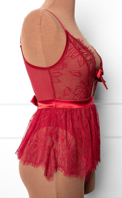 Eyelash Lace Crotchless Teddy - Red - Mentionables