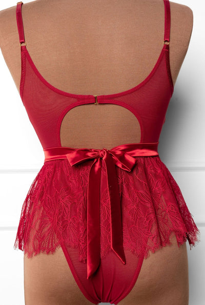 Eyelash Lace Crotchless Teddy - Red - Mentionables