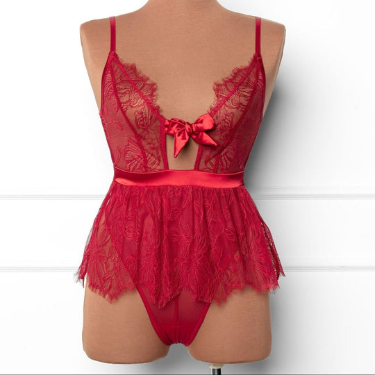 Eyelash Lace Crotchless Teddy - Red - Mentionables