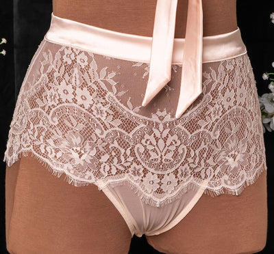 Eyelash Lace High Waist Crotchless Panty - Champagne - Mentionables