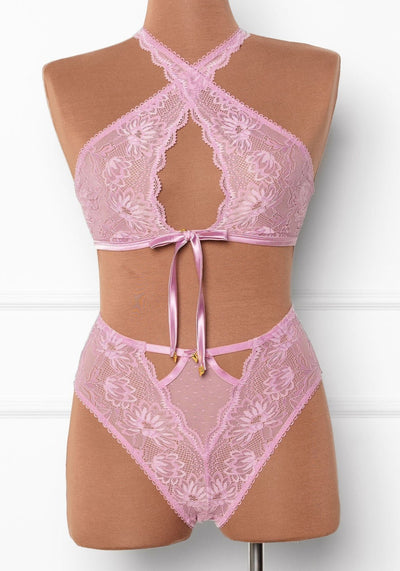 High Waist Lace Up Crotchless Panty - Lilac - Mentionables