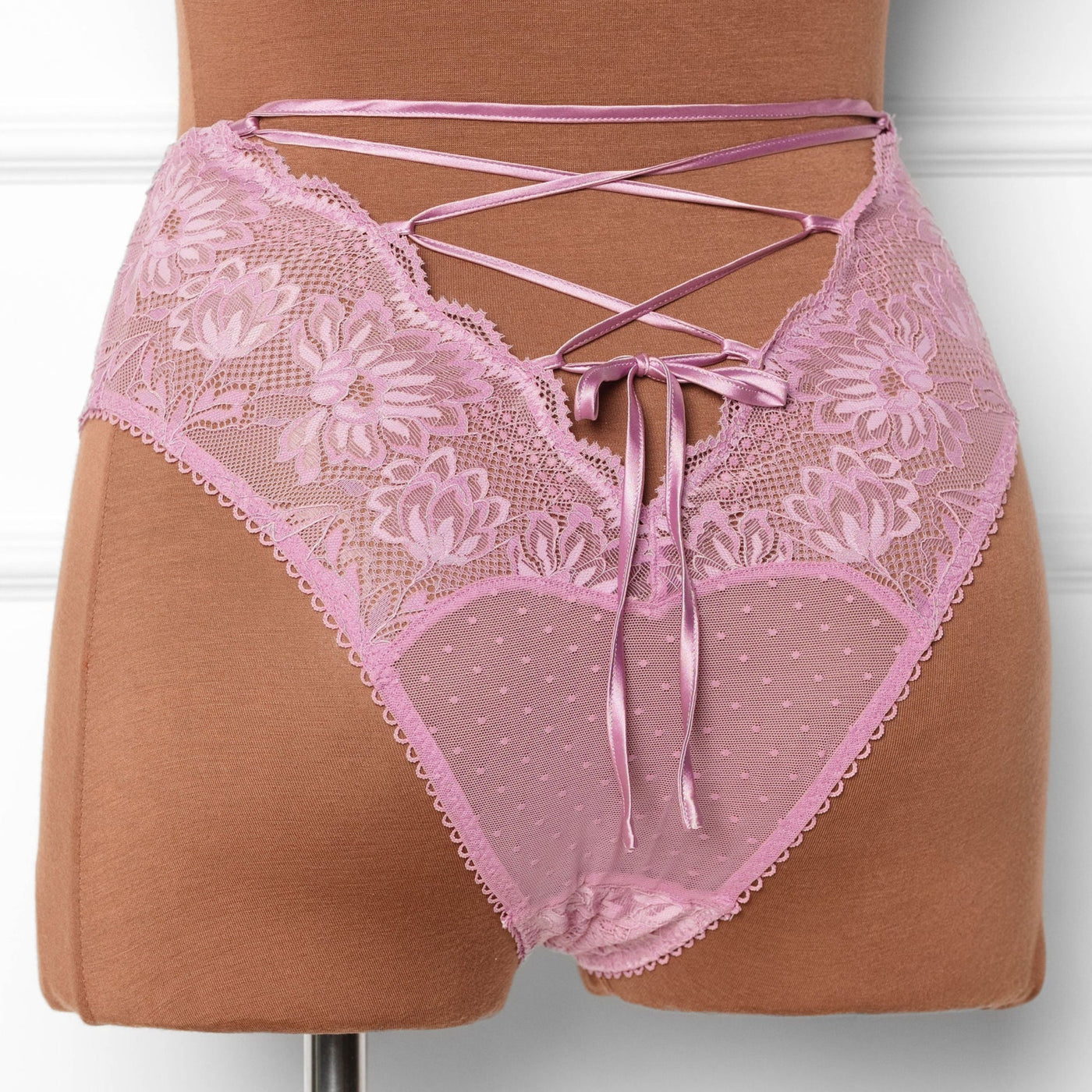 High Waist Lace Up Crotchless Panty - Lilac - Mentionables