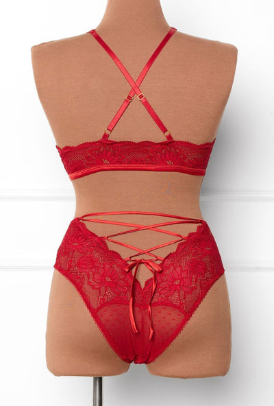 High Waist Lace Up Crotchless Panty - Red - Mentionables