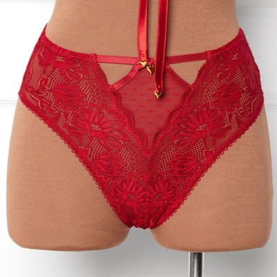 High Waist Lace Up Crotchless Panty - Red - Mentionables