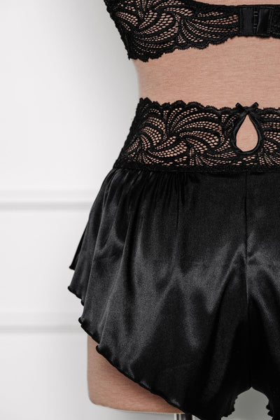 High Waist Lacy Satin Tap Shorts - Black - Mentionables