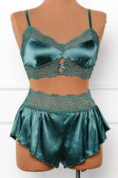 High Waist Lacy Satin Tap Shorts - Emerald - Mentionables