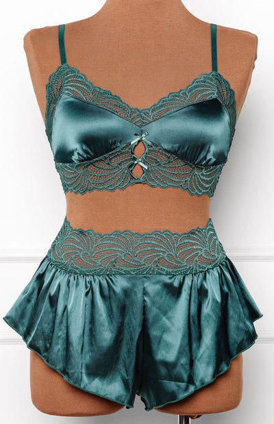 High Waist Lacy Satin Tap Shorts - Emerald - Mentionables