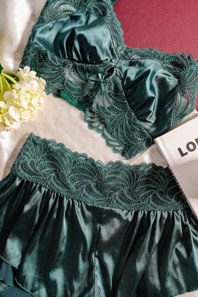 High Waist Lacy Satin Tap Shorts - Emerald - Mentionables