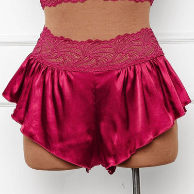 High Waist Lacy Satin Tap Shorts - Ruby - Mentionables