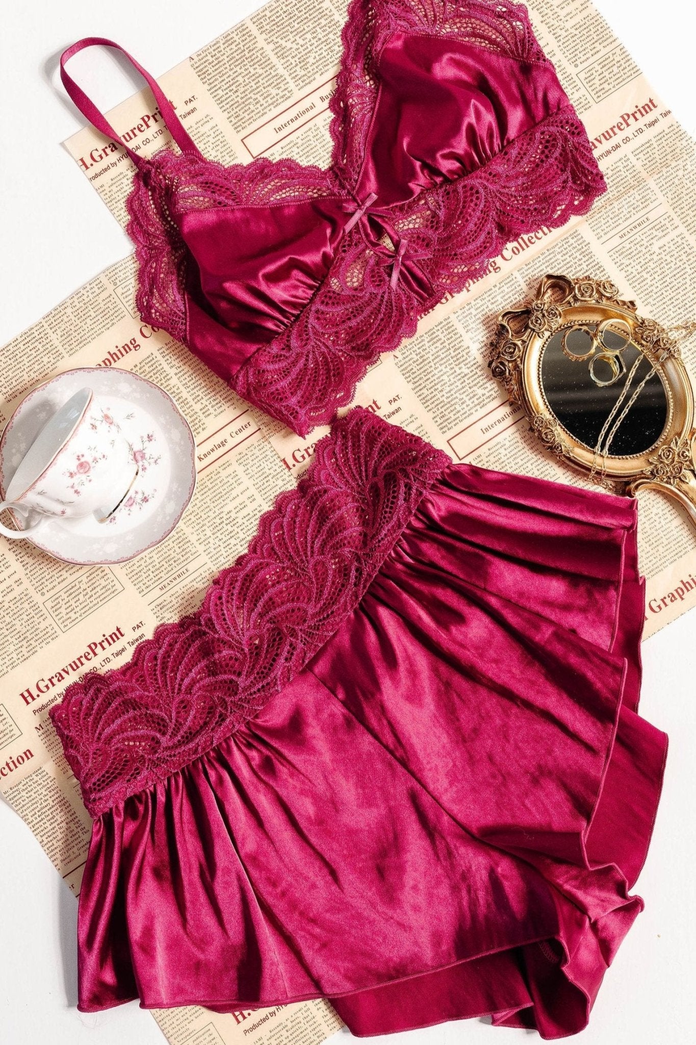 High Waist Lacy Satin Tap Shorts - Ruby - Mentionables