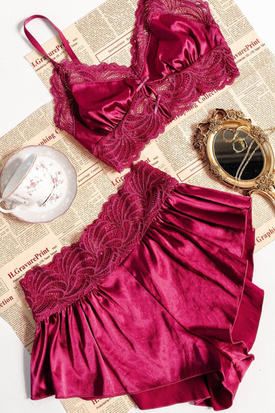 High Waist Lacy Satin Tap Shorts - Ruby - Mentionables