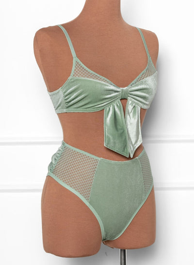 High Waist Velvet Open Back Panty - Misty Jade - Mentionables